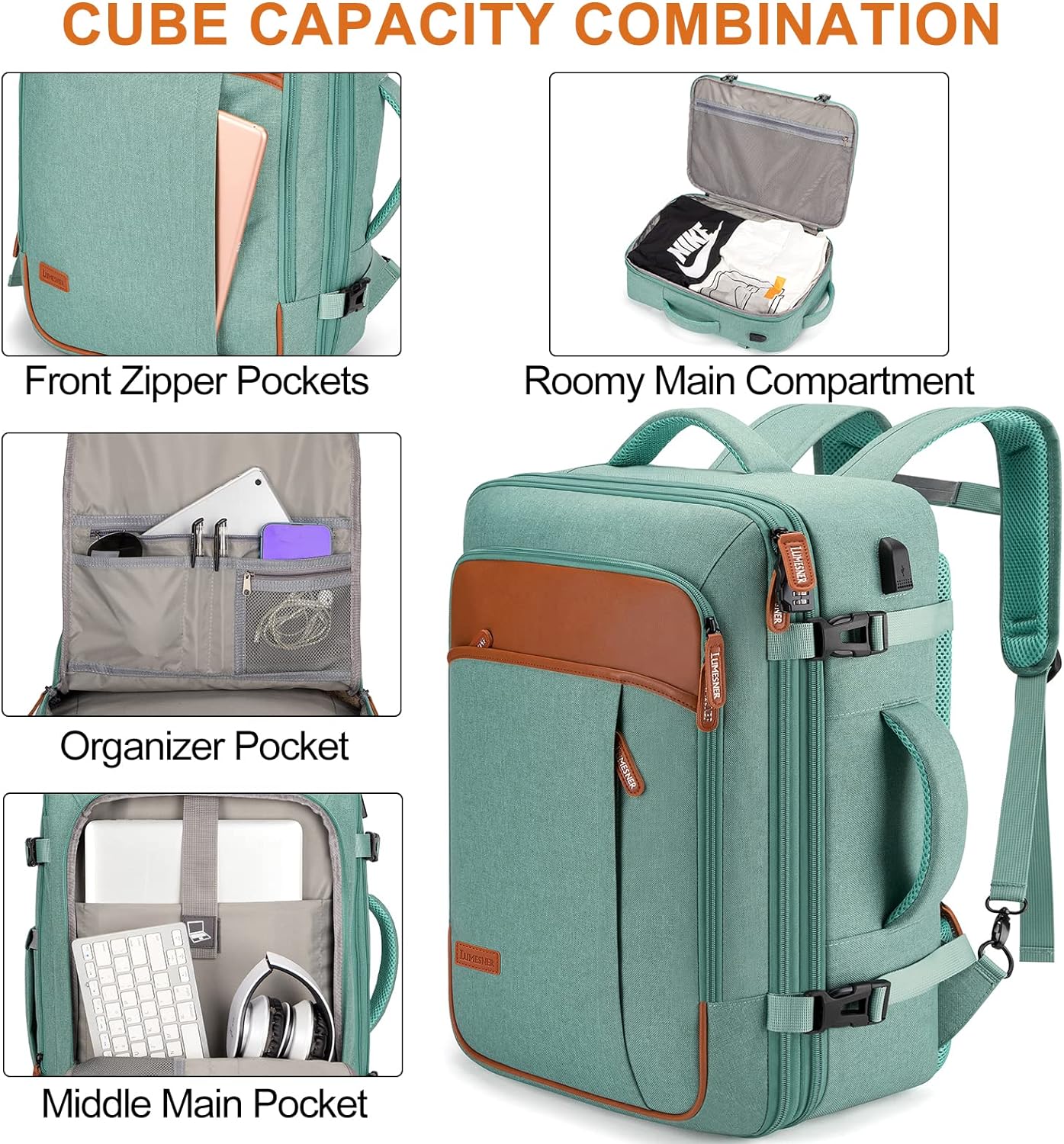 Carry on Backpack, Extra Large 40L Flight Approved Travel Backpack for Men & Women,Expandable Large Suitcase Backpacks With 4 Packing Cubes,Water Resistant Luggage Daypack Business Weekender Bag,Grey - Image 4